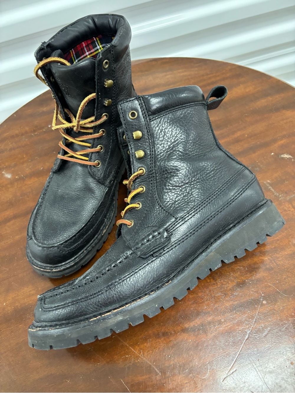Polo by Ralph Lauren Black Leather Lace-Up Boots with Tan Laces